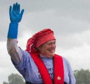 Elaine waving from the Lavender Boat